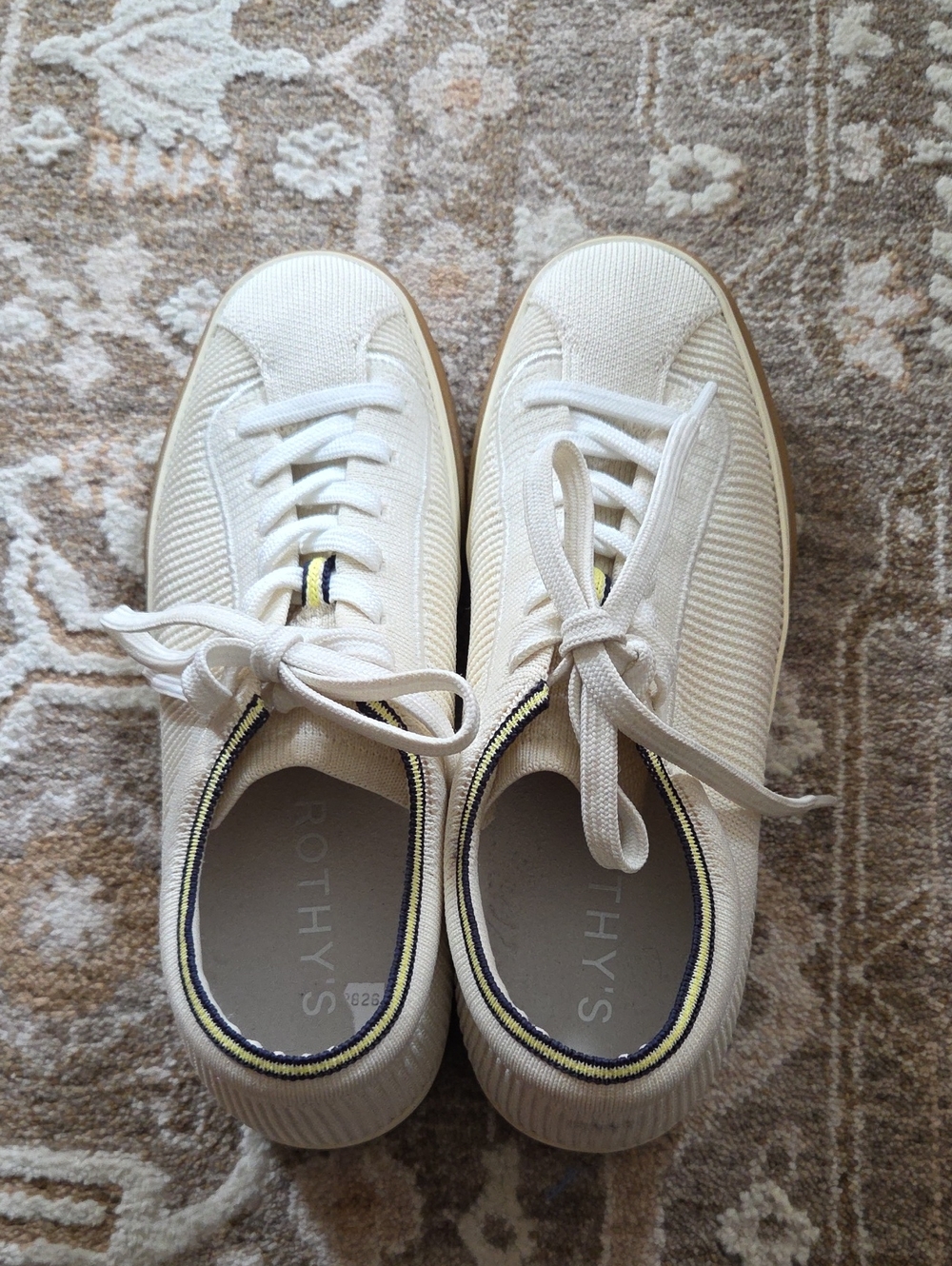 Rothy's Cream Knit Lace-Up Sneakers with Navy & Yellow Trim 7 New